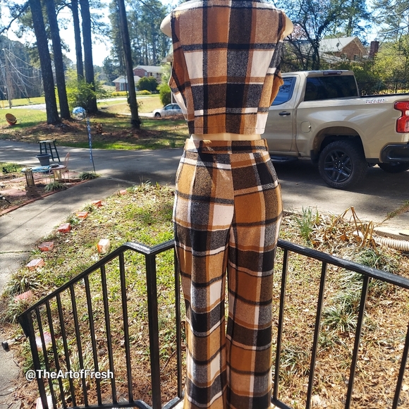 2 Piece Coffee Brown Plaid Cropped Trouser Pants & Vest Matching Set - Picture 7 of 16
